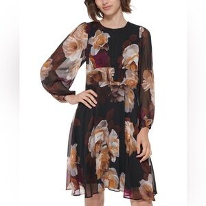 Calvin Klein Collection Floral Long Sleeve Dress - Black and Brown